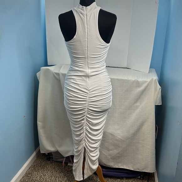 Blanc Noir full length ruched moc neck dress in white. - Picture 4 of 9